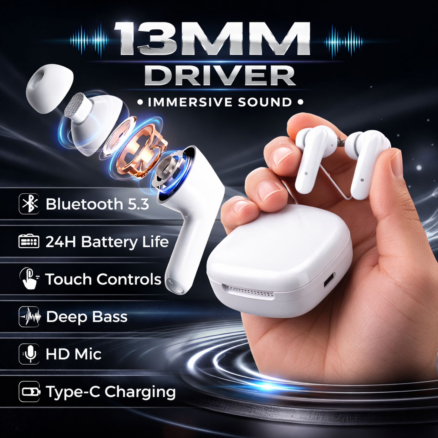 ZivX ZenX | True Wireless Earbuds | Bluetooth v5.3 | ENC Noise Cancellation | 72H Playback | 13mm Bass Drivers | IPX6 | Type-C Fast Charging | Low Latency Gaming Mode